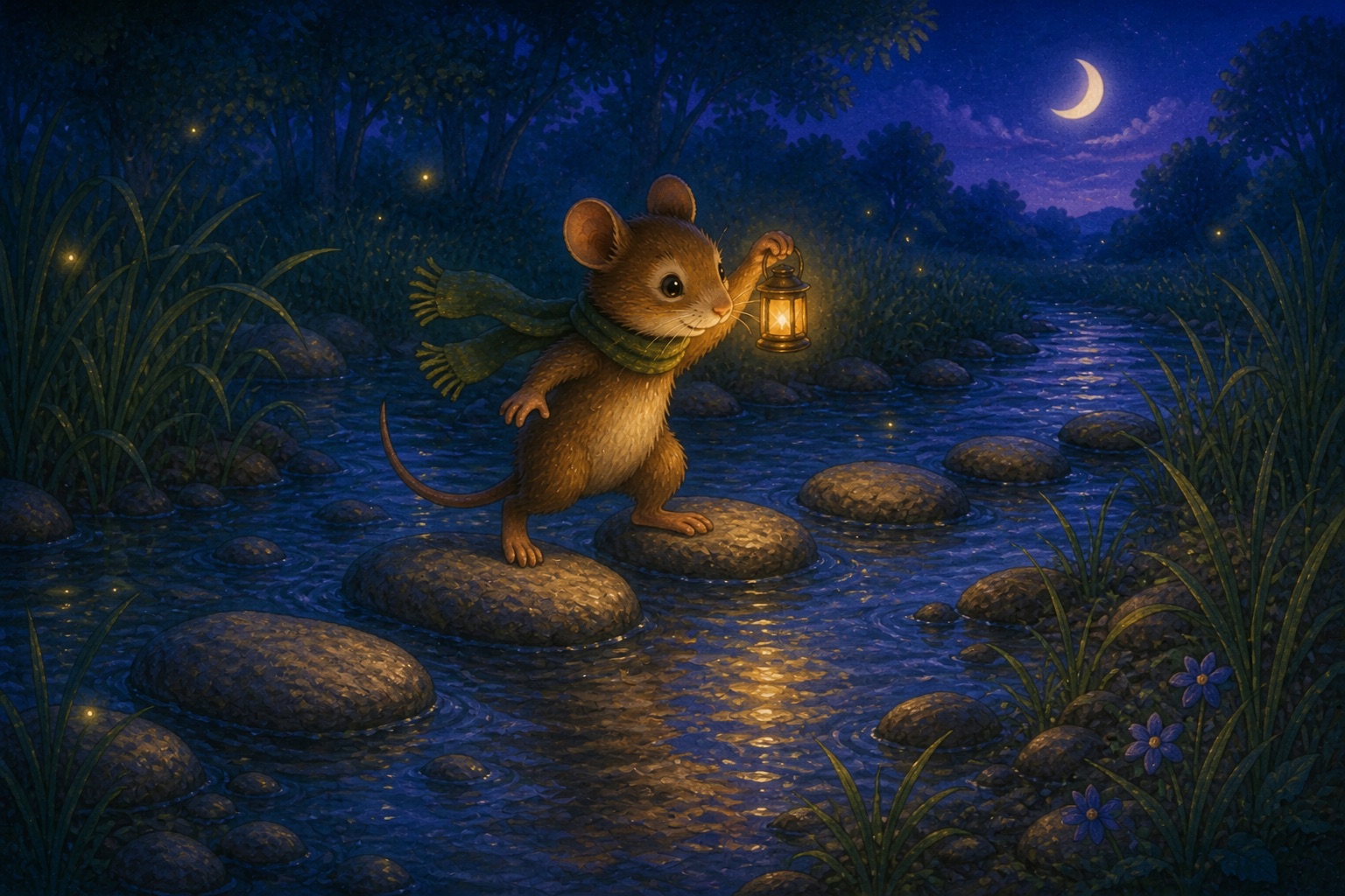 Artwork from the moonlit creek scene in the internal storybook sample.